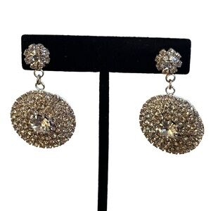 Rhinestone round disc earrings - dangling pierce earrings.  Silver